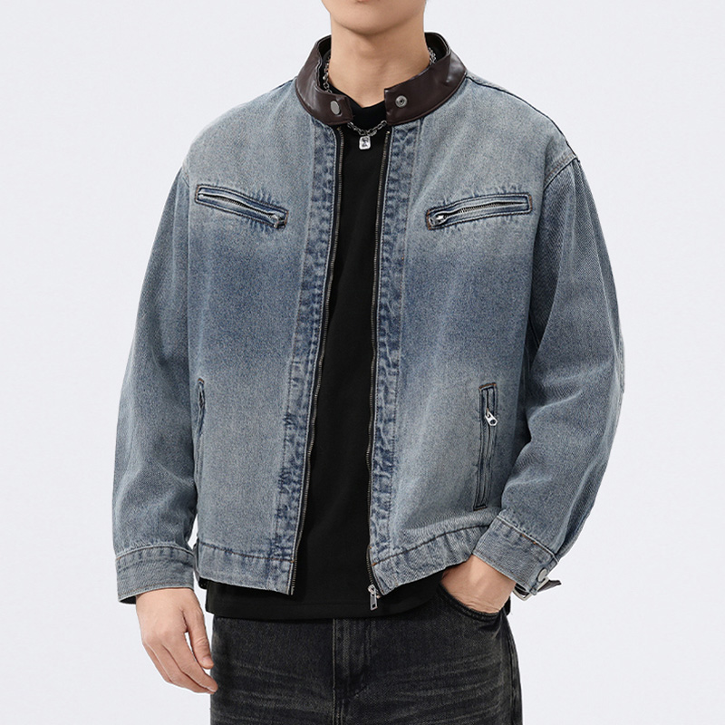 Mens Fashion Denim Jacket - Мужская джинсовая куртка с кожаным воротником,